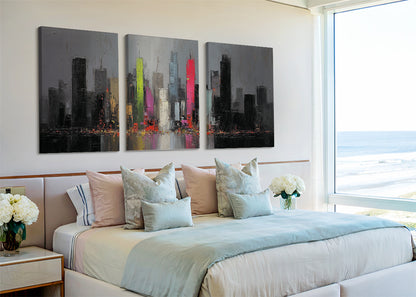 Modern Neon City Skyline Canvas Wall Art – Abstract Urban Night Single & 3 Panel Canvas