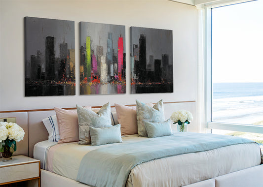 Modern Neon City Skyline Canvas Wall Art – Abstract Urban Night Single & 3 Panel Canvas