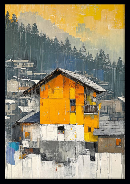 Modern Yellow Chalet – Abstract Mountain Village Canvas & Poster Wall Art – T1140 – AiPrintLab
