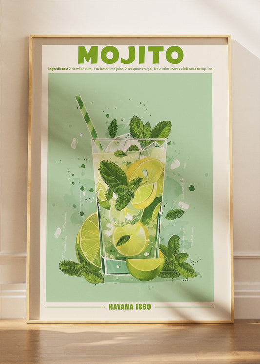 Mojito Classic Cuban Cocktail Poster & Canvas Print | Fresh Havana Bar Wall Art