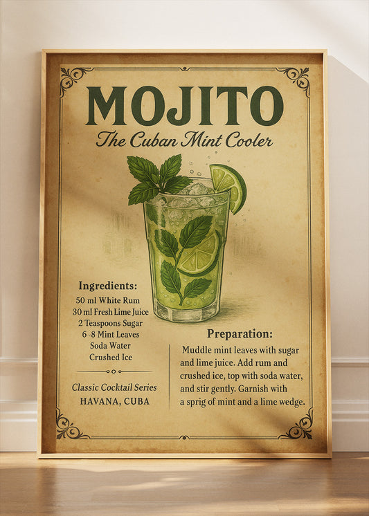 Mojito Classic Cuban Cocktail Recipe Poster & Canvas Print | Vintage Bar Wall Art