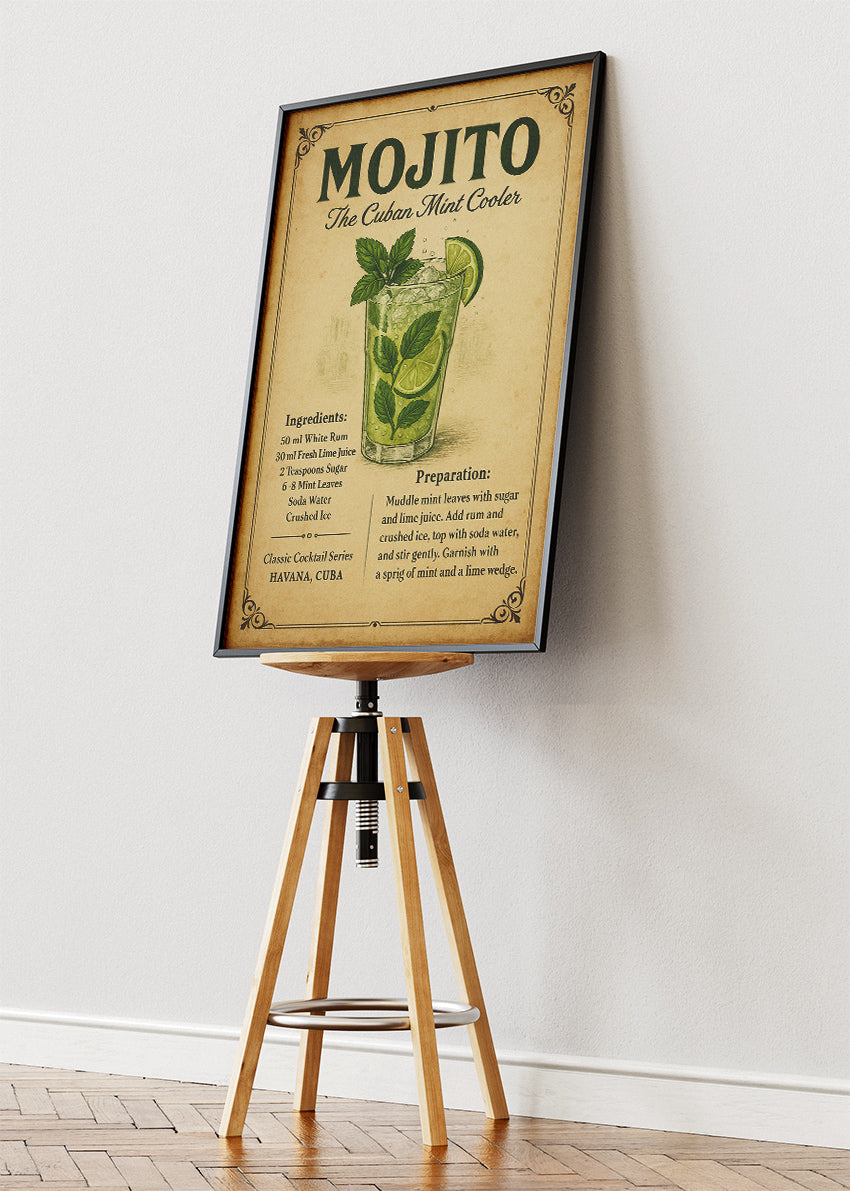 Mojito Classic Cuban Cocktail Recipe Poster & Canvas Print | Vintage Bar Wall Art
