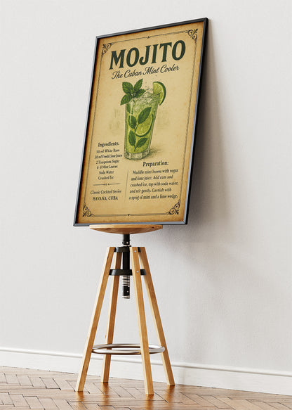 Mojito Classic Cuban Cocktail Recipe Poster & Canvas Print | Vintage Bar Wall Art