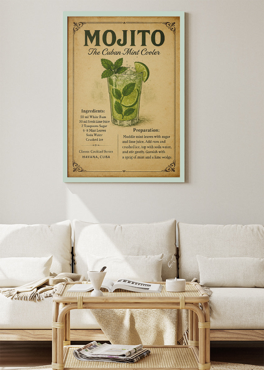 Mojito Classic Cuban Cocktail Recipe Poster & Canvas Print | Vintage Bar Wall Art