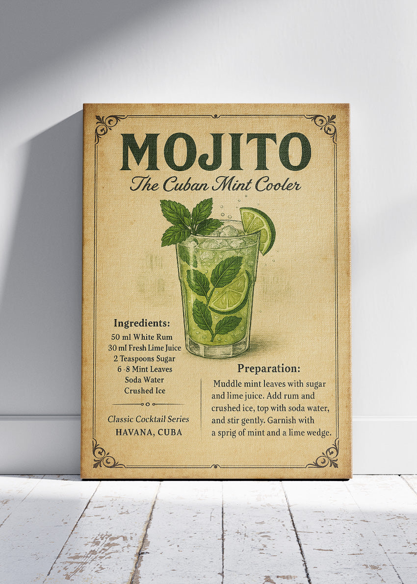 Mojito Classic Cuban Cocktail Recipe Poster & Canvas Print | Vintage Bar Wall Art