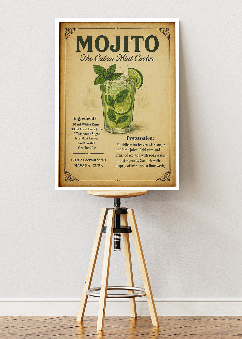 Mojito Classic Cuban Cocktail Recipe Poster & Canvas Print | Vintage Bar Wall Art