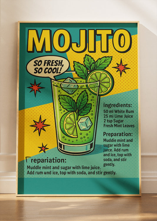 Mojito Pop Art Cocktail Recipe Poster & Canvas Print | Retro Comic Bar Wall Art