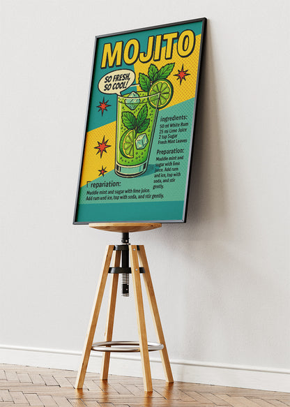 Mojito Pop Art Cocktail Recipe Poster & Canvas Print | Retro Comic Bar Wall Art