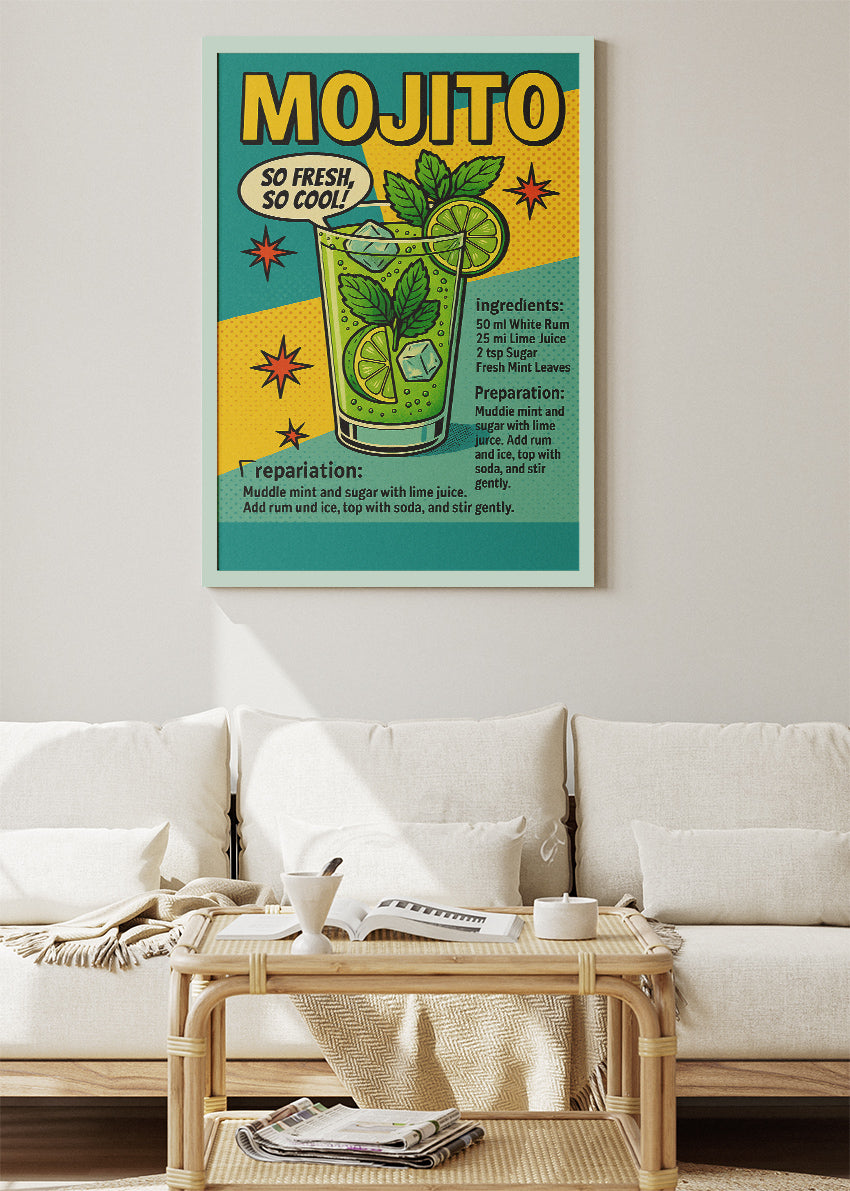 Mojito Pop Art Cocktail Recipe Poster & Canvas Print | Retro Comic Bar Wall Art