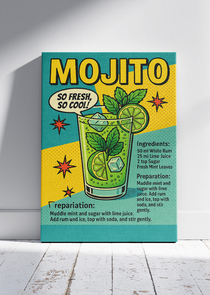 Mojito Pop Art Cocktail Recipe Poster & Canvas Print | Retro Comic Bar Wall Art