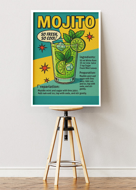 Mojito Pop Art Cocktail Recipe Poster & Canvas Print | Retro Comic Bar Wall Art
