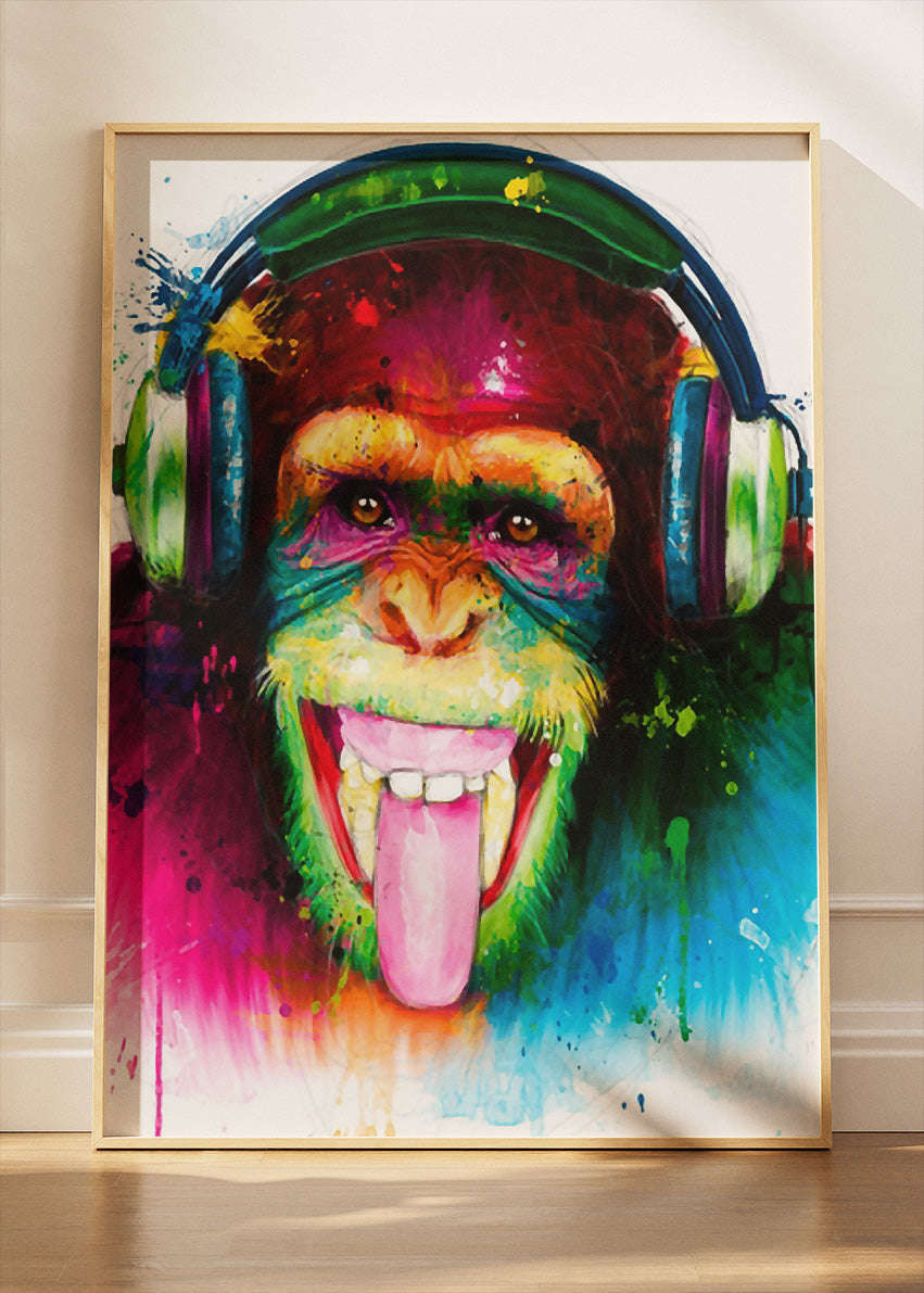 Monkey with Headphones Wall Art Print & Canvas – Colorful Pop Art Animal Artwork