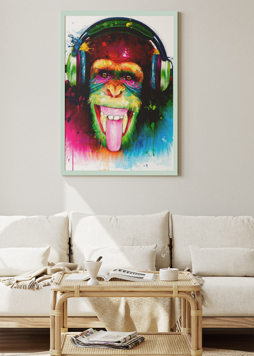 Monkey with Headphones Wall Art Print & Canvas – Colorful Pop Art Animal Artwork