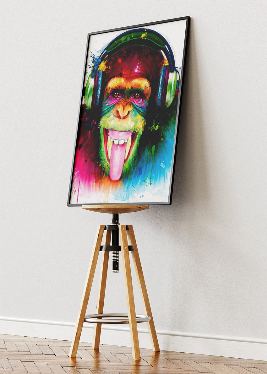 Monkey with Headphones Wall Art Print & Canvas – Colorful Pop Art Animal Artwork