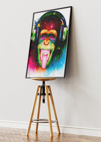 Monkey with Headphones Wall Art Print & Canvas – Colorful Pop Art Animal Artwork