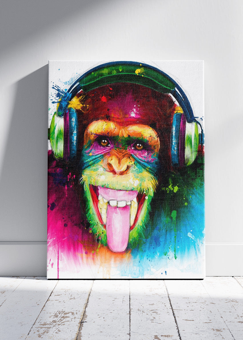 Monkey with Headphones Wall Art Print & Canvas – Colorful Pop Art Animal Artwork