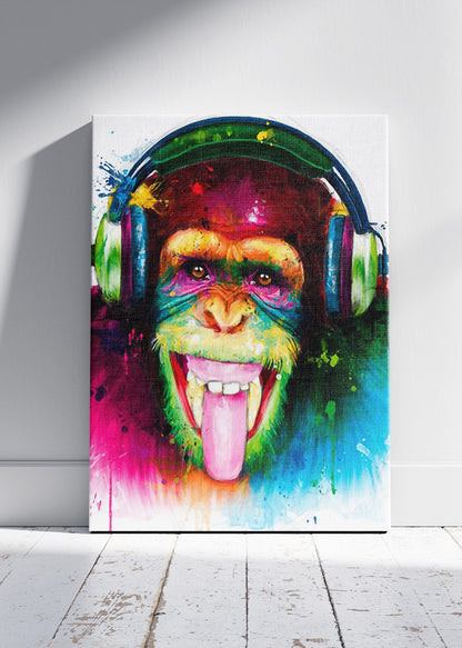 Monkey with Headphones Wall Art Print & Canvas – Colorful Pop Art Animal Artwork