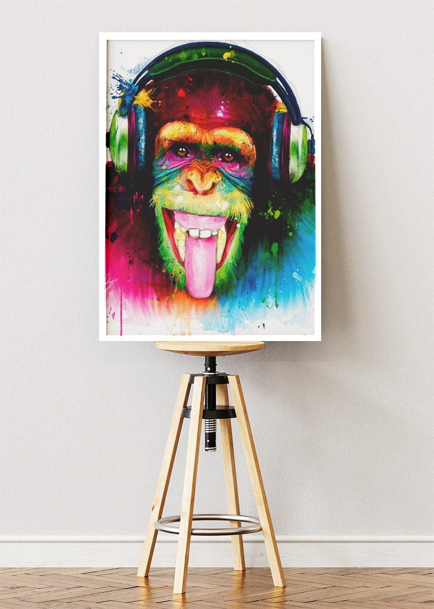 Monkey with Headphones Wall Art Print & Canvas – Colorful Pop Art Animal Artwork