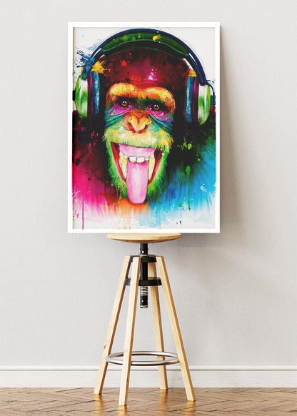 Monkey with Headphones Wall Art Print & Canvas – Colorful Pop Art Animal Artwork