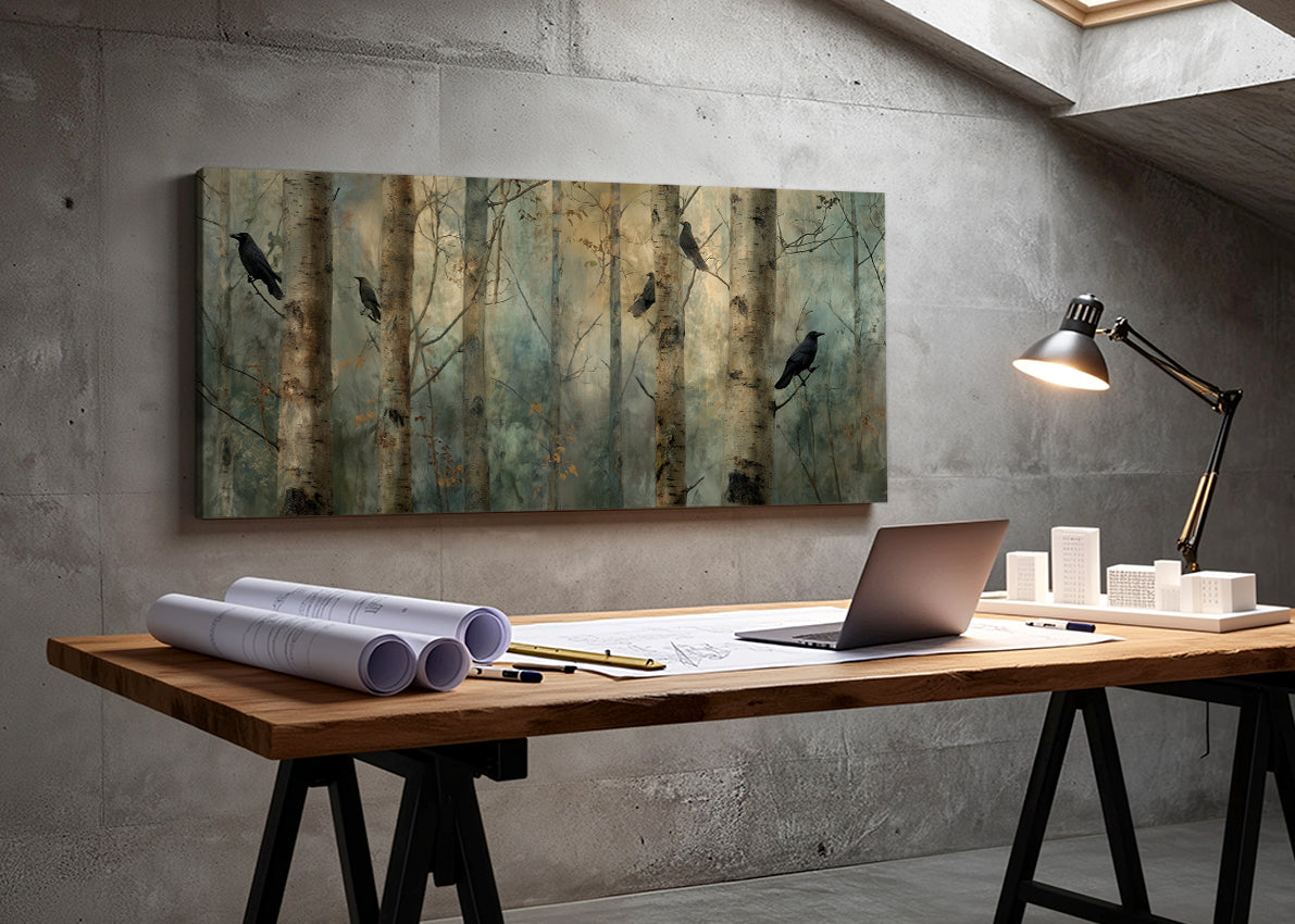 Moody Forest Crows Canvas Wall Art – Misty Woodland Landscape Single & 3 Panel Canvas