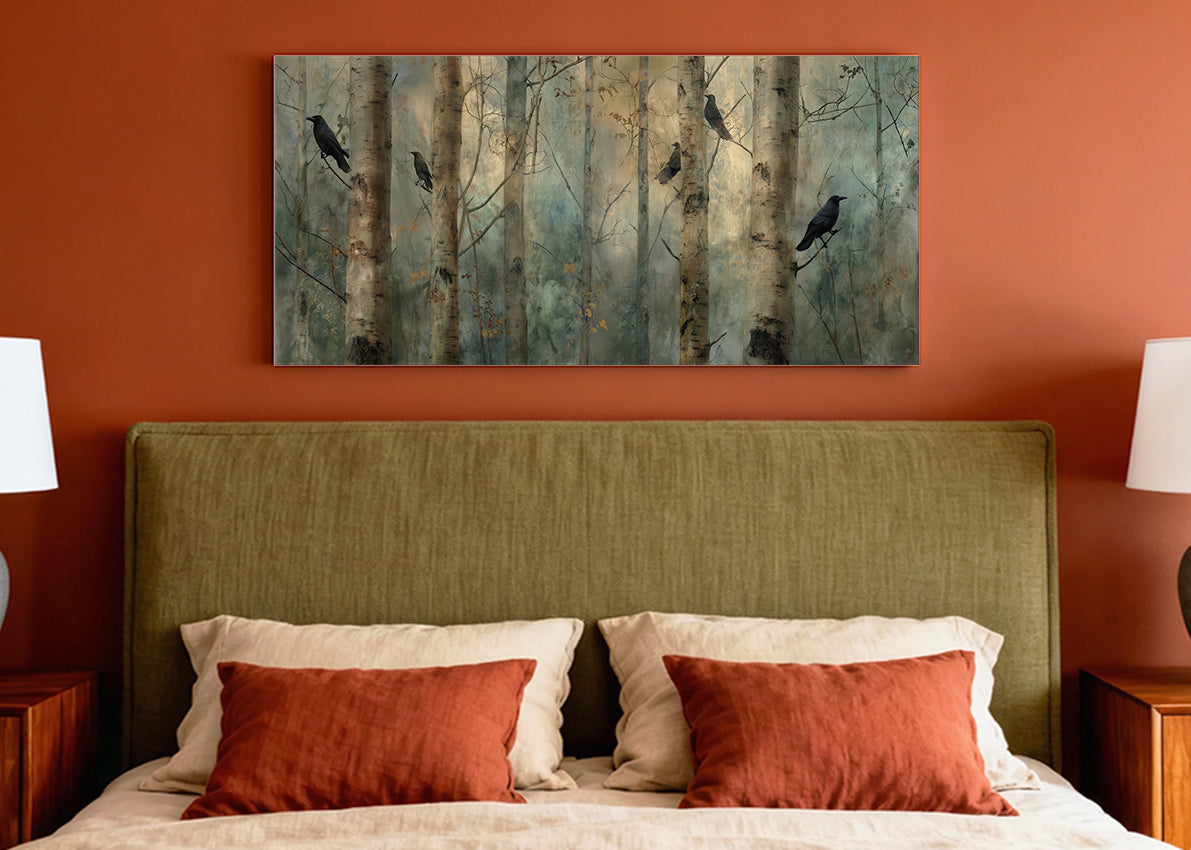 Moody Forest Crows Canvas Wall Art – Misty Woodland Landscape Single & 3 Panel Canvas