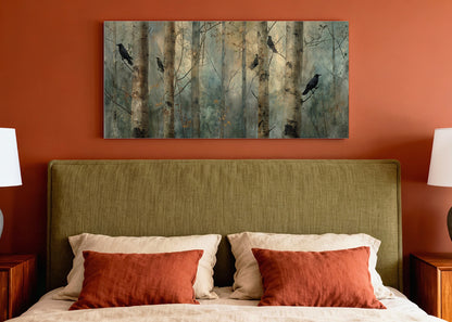 Moody Forest Crows Canvas Wall Art – Misty Woodland Landscape Single & 3 Panel Canvas