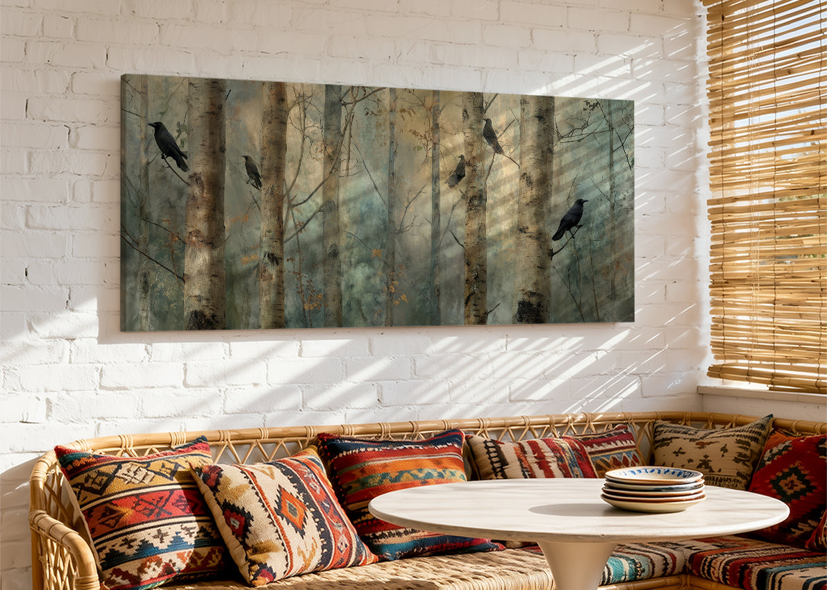 Moody Forest Crows Canvas Wall Art – Misty Woodland Landscape Single & 3 Panel Canvas