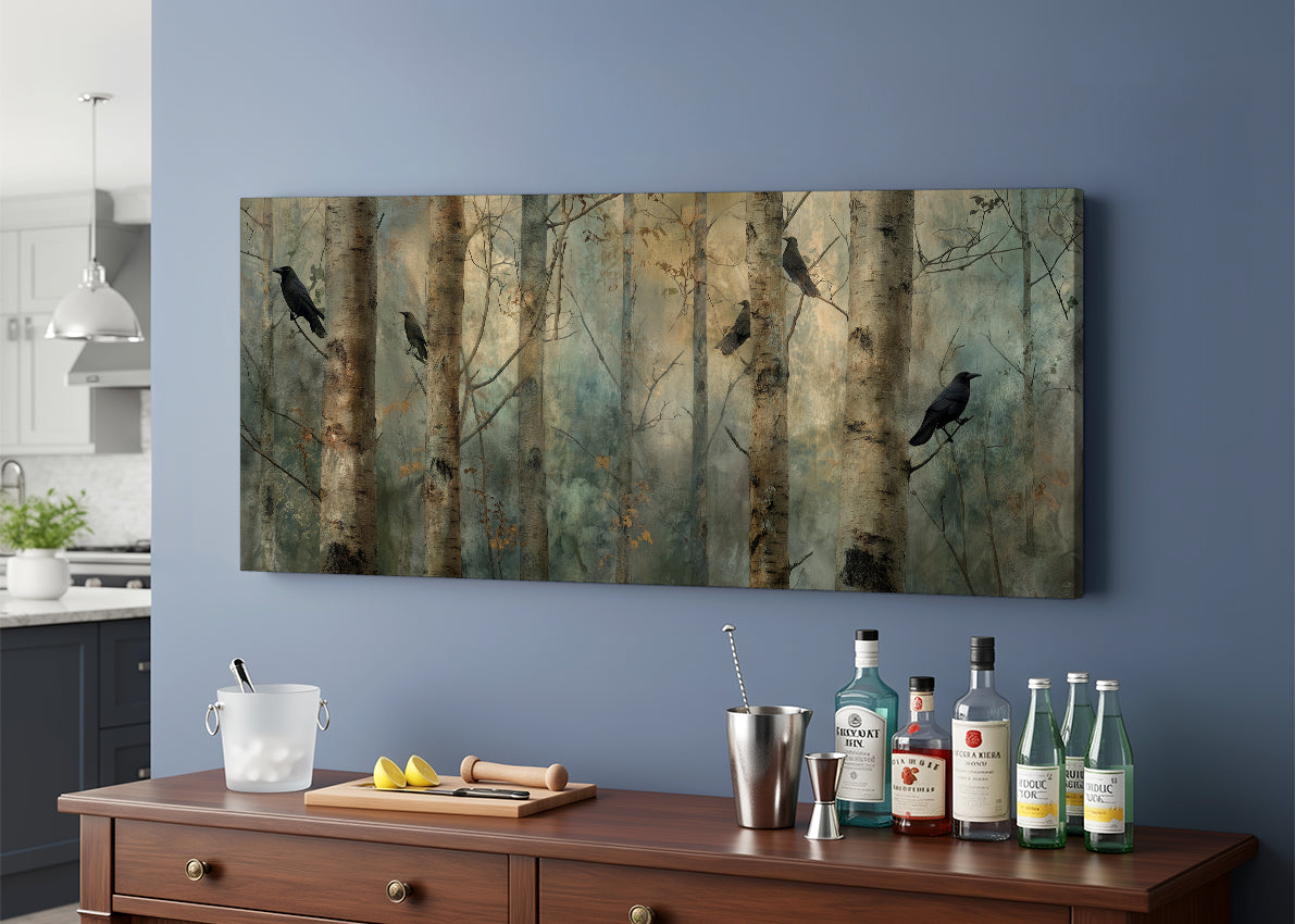 Moody Forest Crows Canvas Wall Art – Misty Woodland Landscape Single & 3 Panel Canvas