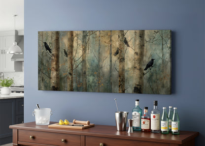 Moody Forest Crows Canvas Wall Art – Misty Woodland Landscape Single & 3 Panel Canvas