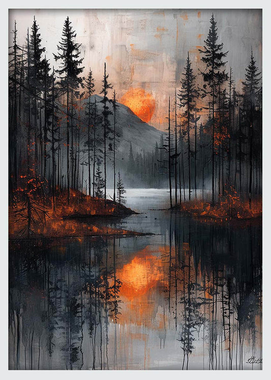 Moody Forest Sunset – Dramatic Lake Reflection Canvas & Poster Wall Art – T1138 – AiPrintLab