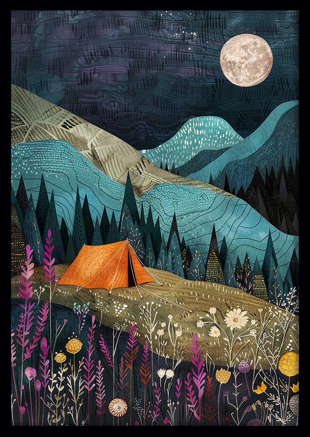 Moonlit Camping Night – Whimsical Nature Canvas & Poster Wall Art – T1215 – AiPrintLab