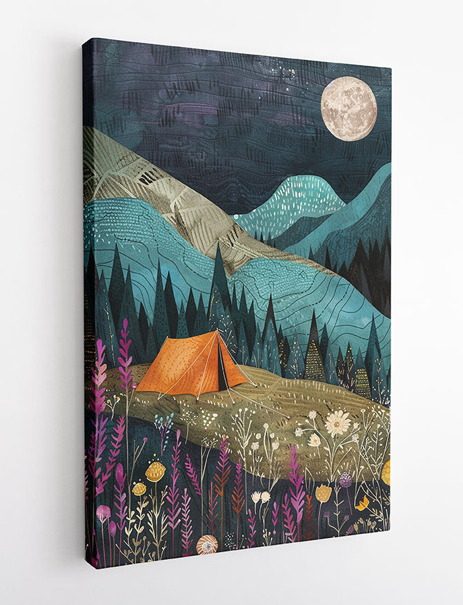 Moonlit Camping Night – Whimsical Nature Canvas & Poster Wall Art – T1215 – AiPrintLab