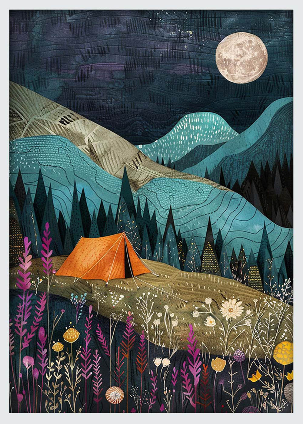 Moonlit Camping Night – Whimsical Nature Canvas & Poster Wall Art – T1215 – AiPrintLab