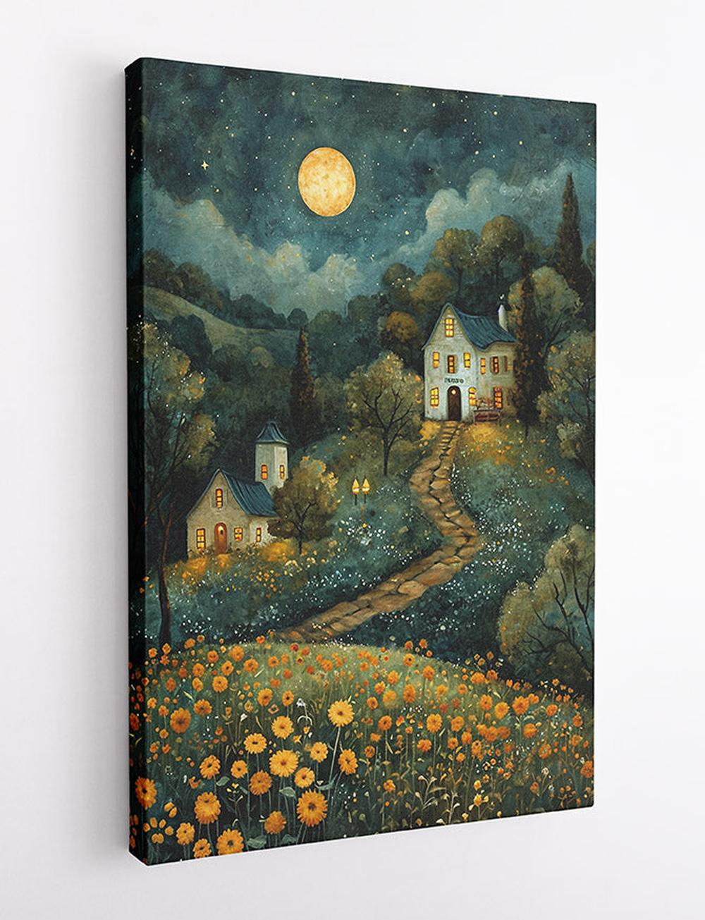 Moonlit Cottage Landscape Canvas Print & Poster – T595 – AiPrintLab