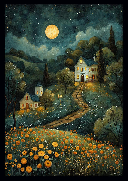 Moonlit Cottage Landscape Canvas Print & Poster – T595 – AiPrintLab