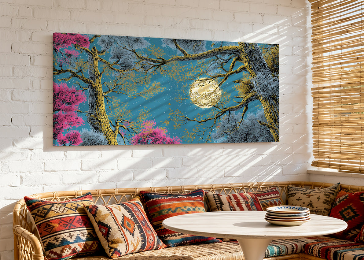 Moonlit Forest Canvas Wall Art – Mystical Night Tree Landscape – Single & 3 Panel Canvas – AI PRINT LAB
