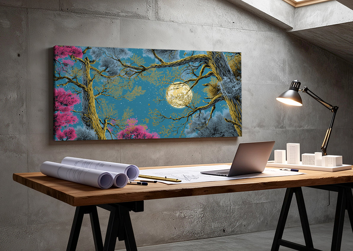 Moonlit Forest Canvas Wall Art – Mystical Night Tree Landscape – Single & 3 Panel Canvas – AI PRINT LAB