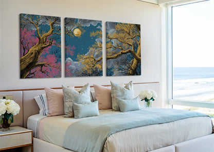 Moonlit Golden Forest Canvas Wall Art – Mystical Night Tree Landscape – Single & 3 Panel Canvas – AI PRINT LAB