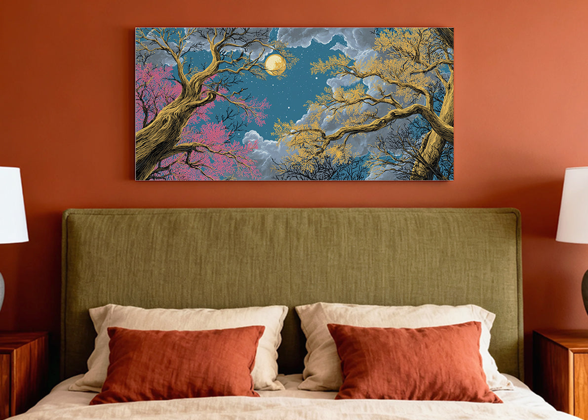 Moonlit Golden Forest Canvas Wall Art – Mystical Night Tree Landscape – Single & 3 Panel Canvas – AI PRINT LAB