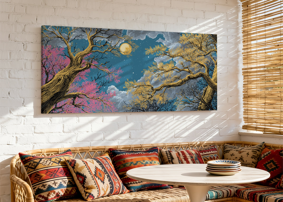 Moonlit Golden Forest Canvas Wall Art – Mystical Night Tree Landscape – Single & 3 Panel Canvas – AI PRINT LAB