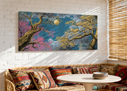 Moonlit Golden Forest Canvas Wall Art – Mystical Night Tree Landscape – Single & 3 Panel Canvas – AI PRINT LAB
