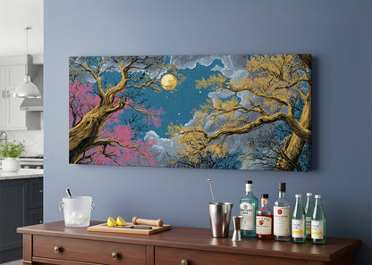 Moonlit Golden Forest Canvas Wall Art – Mystical Night Tree Landscape – Single & 3 Panel Canvas – AI PRINT LAB