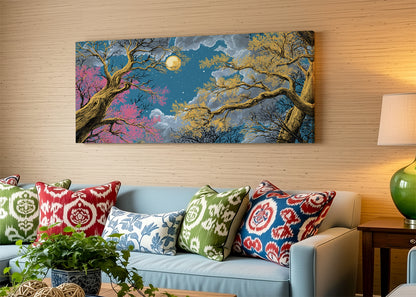 Moonlit Golden Forest Canvas Wall Art – Mystical Night Tree Landscape – Single & 3 Panel Canvas – AI PRINT LAB