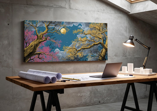 Moonlit Golden Forest Canvas Wall Art – Mystical Night Tree Landscape – Single & 3 Panel Canvas – AI PRINT LAB