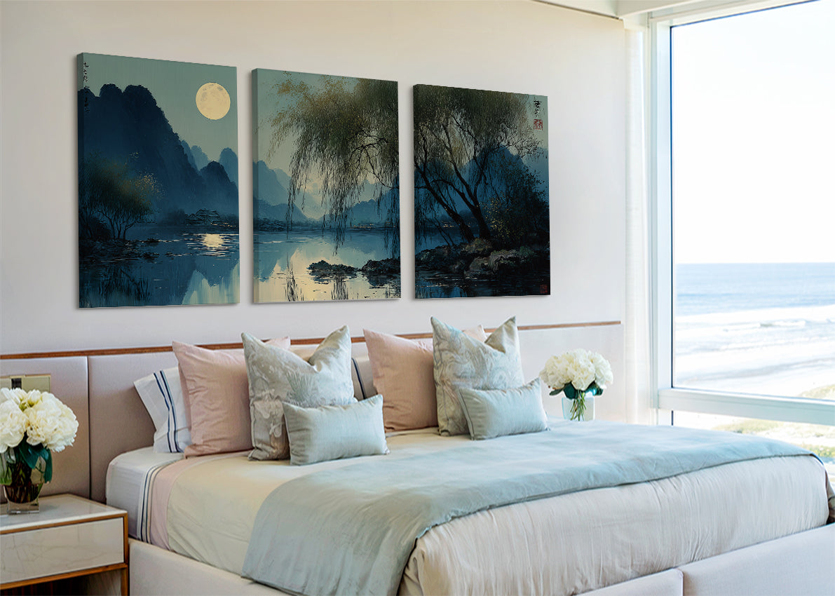 Moonlit Lake Oriental Landscape Canvas Wall Art – Single & 3 Panel Split – AI PRINT LAB