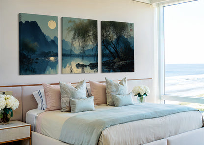 Moonlit Lake Oriental Landscape Canvas Wall Art – Single & 3 Panel Split – AI PRINT LAB
