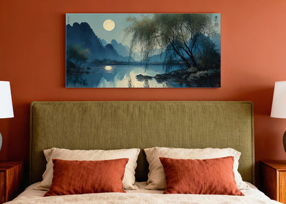 Moonlit Lake Oriental Landscape Canvas Wall Art – Single & 3 Panel Split – AI PRINT LAB