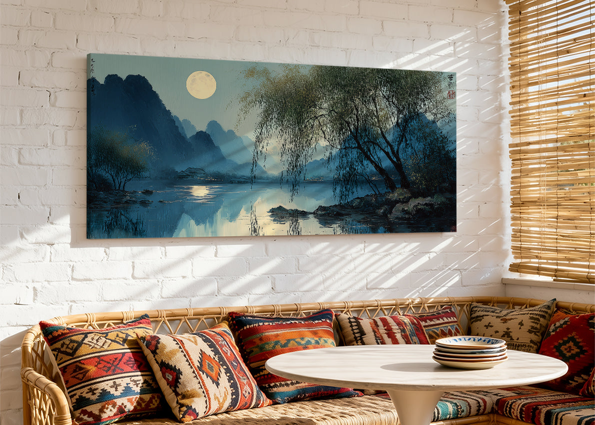 Moonlit Lake Oriental Landscape Canvas Wall Art – Single & 3 Panel Split – AI PRINT LAB