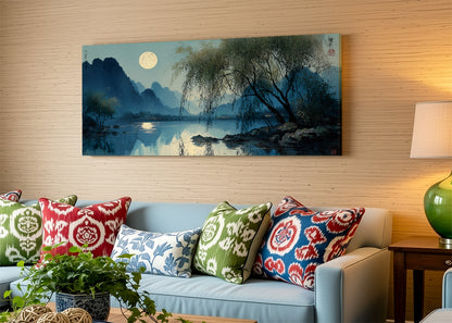 Moonlit Lake Oriental Landscape Canvas Wall Art – Single & 3 Panel Split – AI PRINT LAB