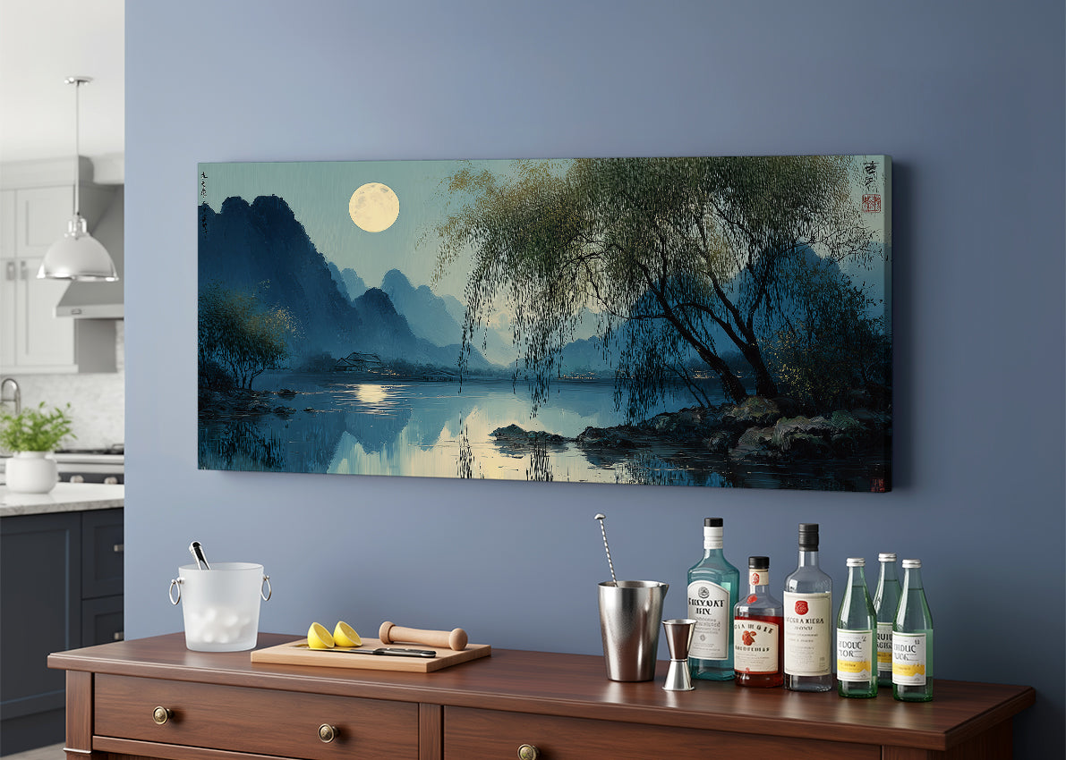 Moonlit Lake Oriental Landscape Canvas Wall Art – Single & 3 Panel Split – AI PRINT LAB